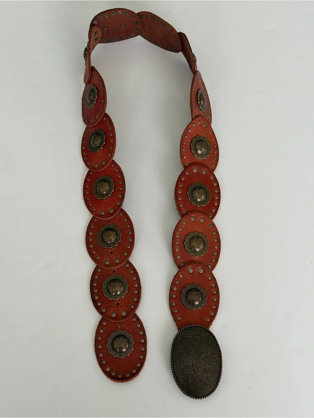 Vintage Fossil Burnt Red Hue Leather Oval Disc Concho Western Belt Boho Y2K Sz L